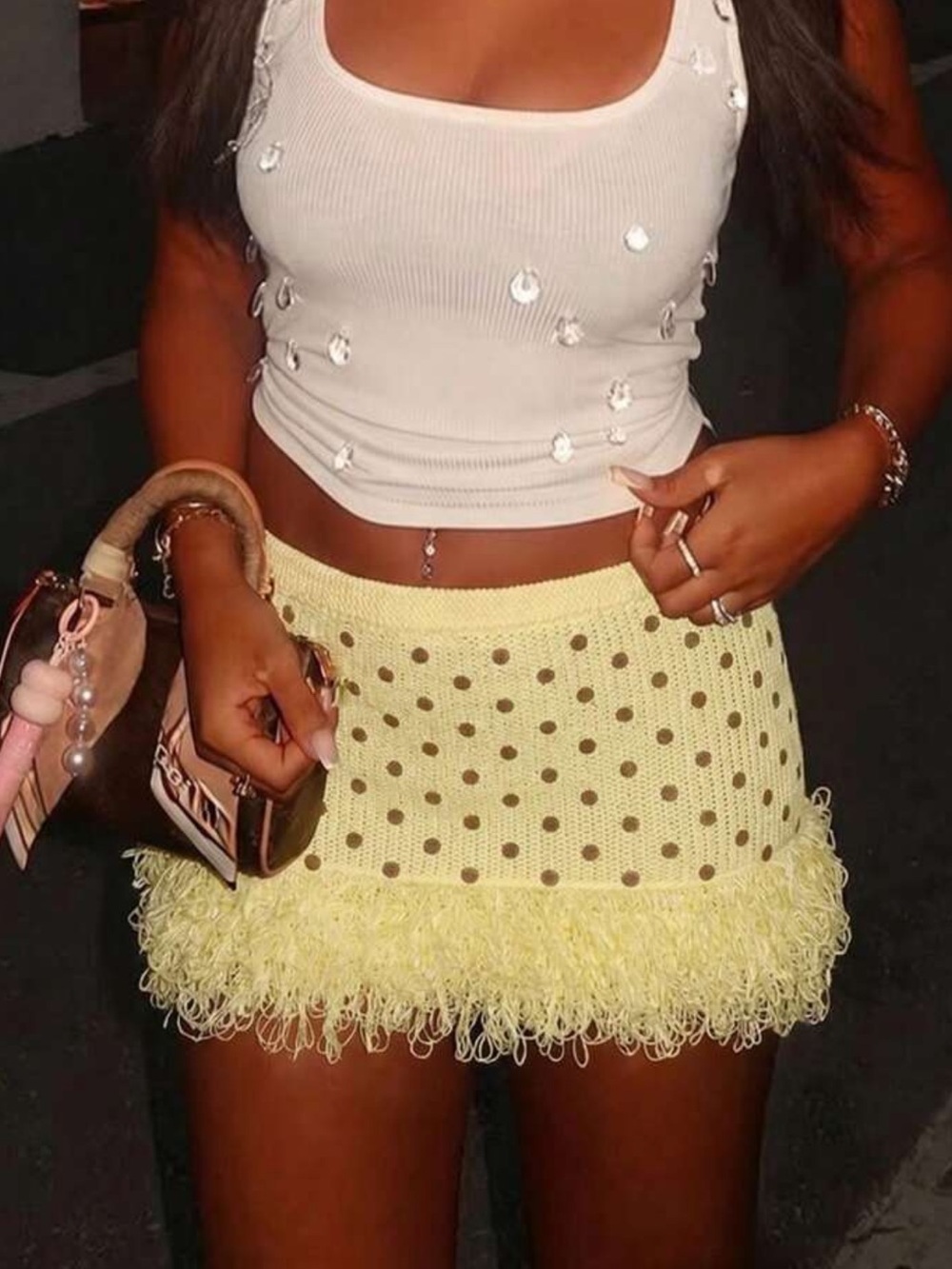 SHEIN Yellow Polka Dot Fringe Knit Mini Skirt